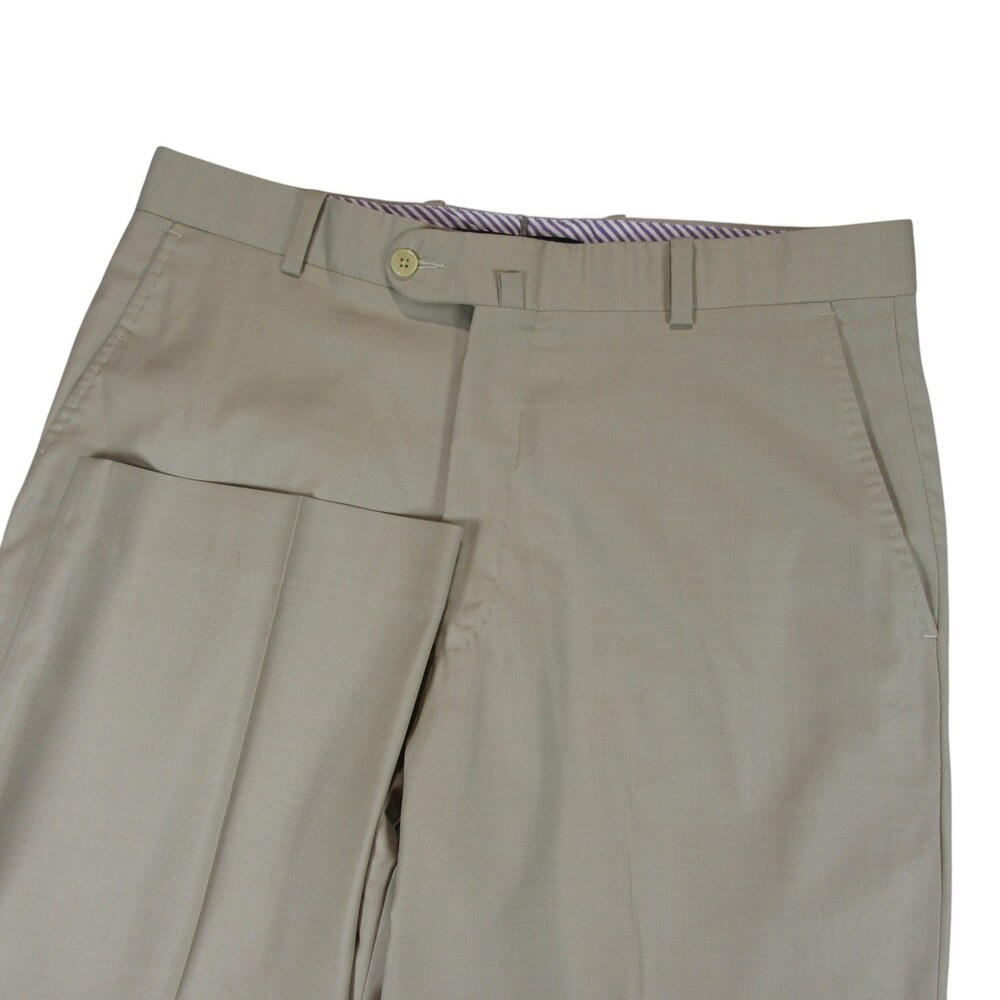 Antas Mens Dress Pants 35 x 29 Solid Tan Khaki Stretch Wool Spandex Flat Front